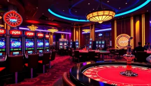 Enjoying the excitement of pg88 slot at a luxurious casino with players and vibrant slot machines.