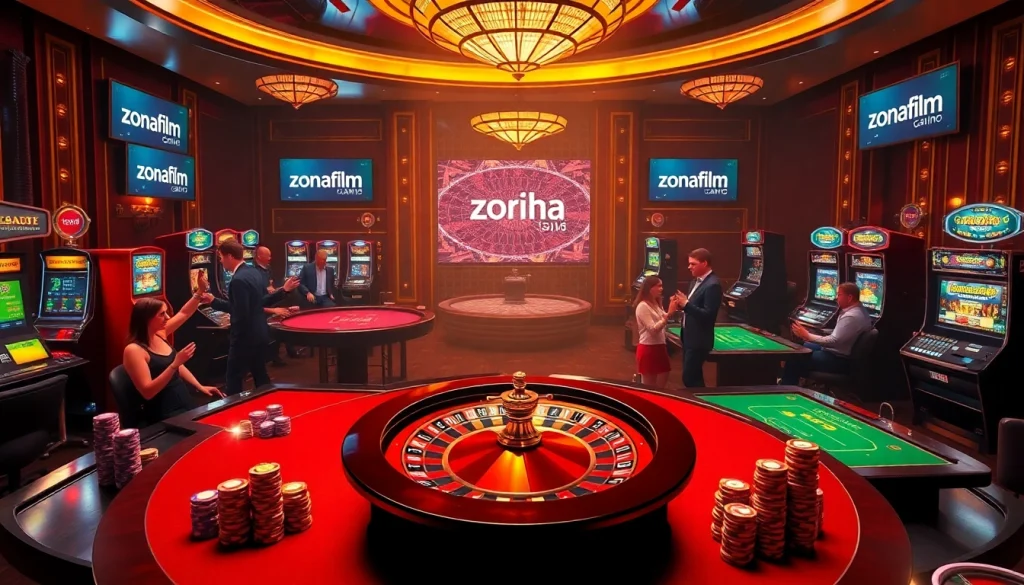 Experience the thrill of zonafilm in a luxurious casino environment with poker tables and roulette.