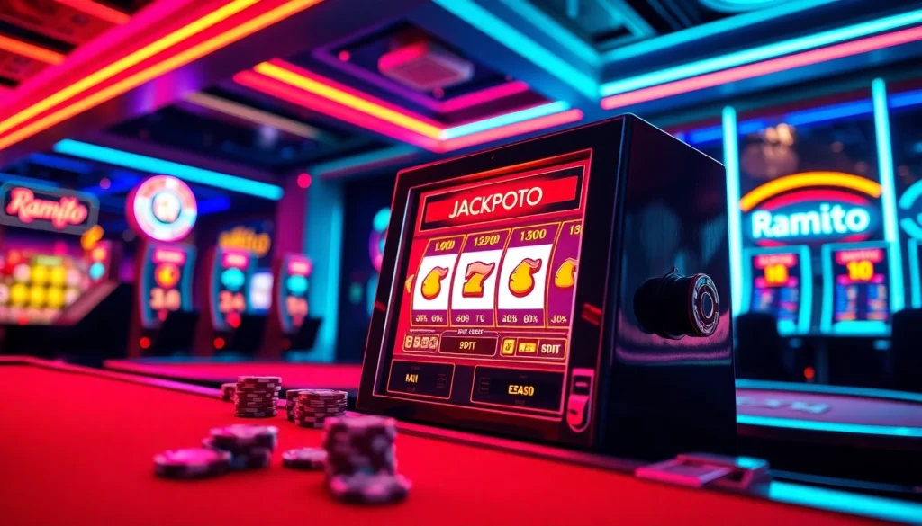 Ramtoto menghadirkan suasana kasino online yang menarik dengan mesin slot dan meja poker berkilauan.