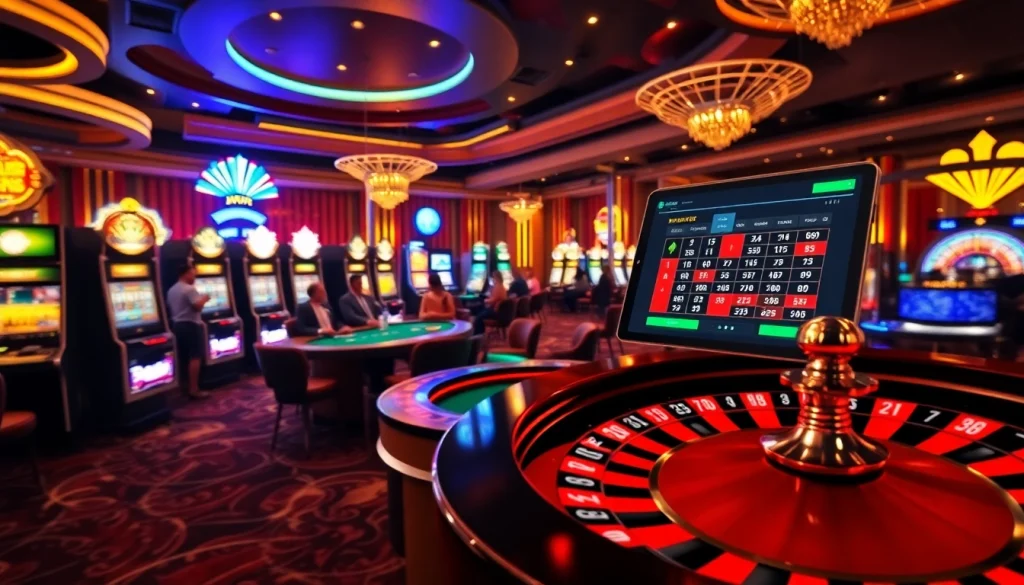 Players experiencing the thrill of 55WW casino with glowing slot machines and a roulette wheel.