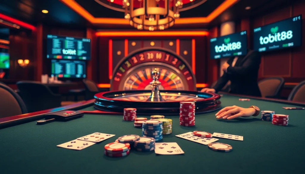 Tobet88 poker scene showcasing professional play and vibrant chips in a luxurious casino.
