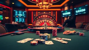 Tobet88 poker scene showcasing professional play and vibrant chips in a luxurious casino.