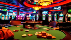 Players at a poker table in an exciting nohu90 casino atmosphere, showcasing vibrant gambling action.