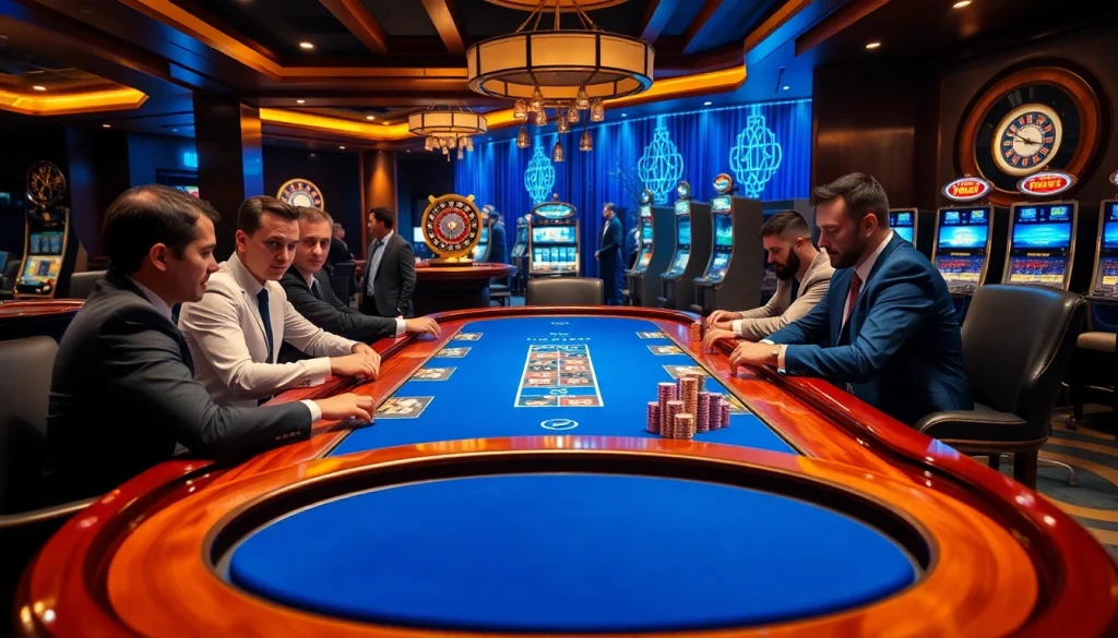 KP88 poker players strategizing at a luxurious casino table with chips and cards.