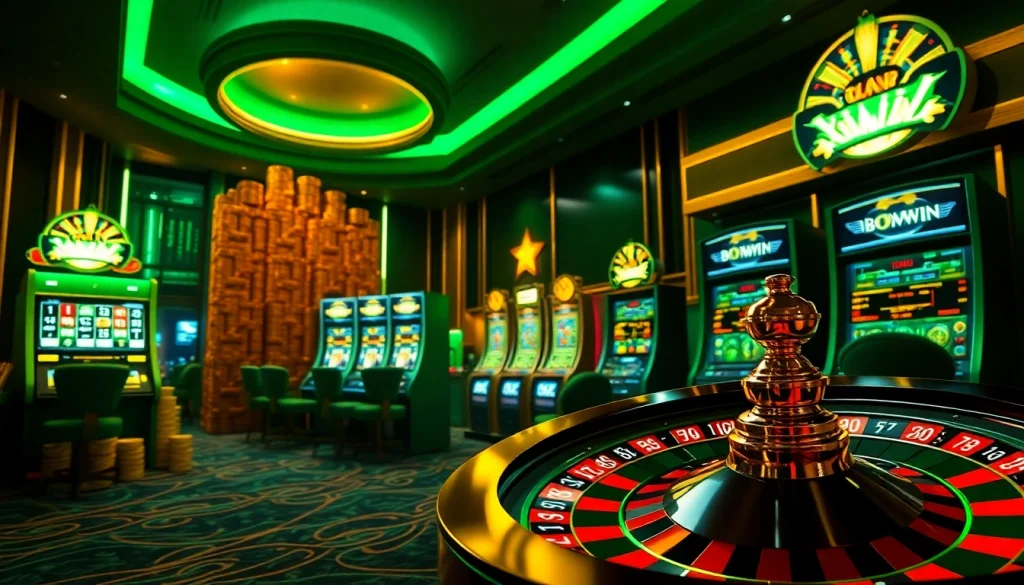 Tải Bomwin with exciting chip stacks and a spinning roulette wheel in a luxurious casino scene.