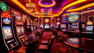Players engaging with vibrant slot machines in a luxury casino setting, highlighting the slot depo 5k experience.