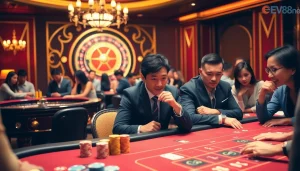 Join the thrill at EV88 nét with poker chips and cards in an elegant casino setting.