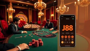 Exciting j88 online poker game at a luxurious casino table with vibrant chips and players.