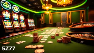 Experience the thrill of gambling at 5Z777 with poker cards and vibrant casino ambiance.