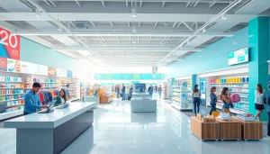 Visit a busy Multi-Store with vibrant displays and friendly staff at checkout.