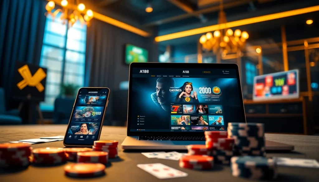 A188 online casino platform displayed on mobile and laptop screens showcasing a user-friendly interface.