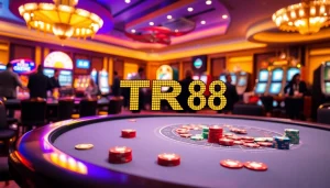 Players enjoying a vibrant poker game at a casino table, highlighted with TR88 branding.