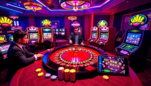 Exciting MM88 casino scene with gamblers at roulette table and slot machines.