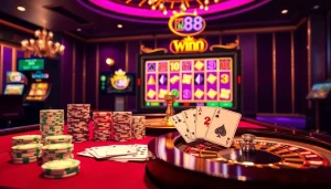 Experience the excitement at King88 with a vibrant online casino scene featuring roulette and poker elements.