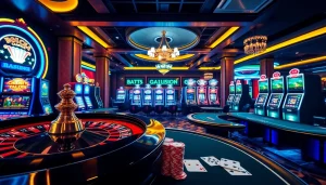 Experience the thrill of gambling at https://gg88.tech/ with vibrant casino scenes featuring roulette wheels and slot machines.
