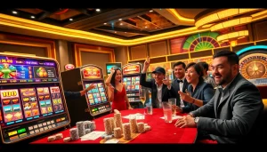Players engaging in nổ hũ at a vibrant casino, celebrating big wins with chips and excitement.