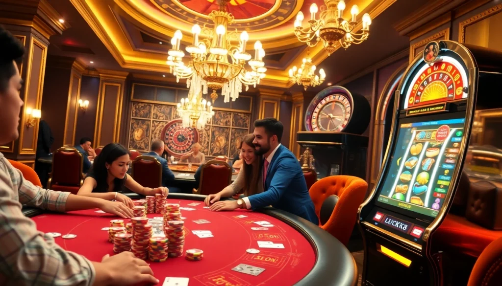 Cảnh casino sống động của LUCK8, trình diễn những người chơi poker đầy cuốn hút và những máy xèng sáng bóng.
