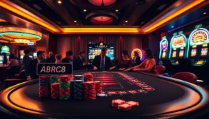 High-stakes poker action at a luxurious casino featuring ABC8 branding.