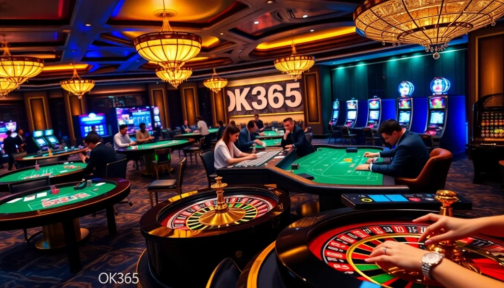 OK365 casino tables with players engaging in poker and roulette for an exciting gambling experience.