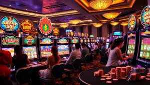 Experience the excitement of gambling at slo365 with vibrant slot machines and eager players.