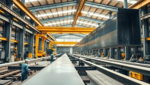 Structural steel fabrication workers assembling beams in a bright workshop.