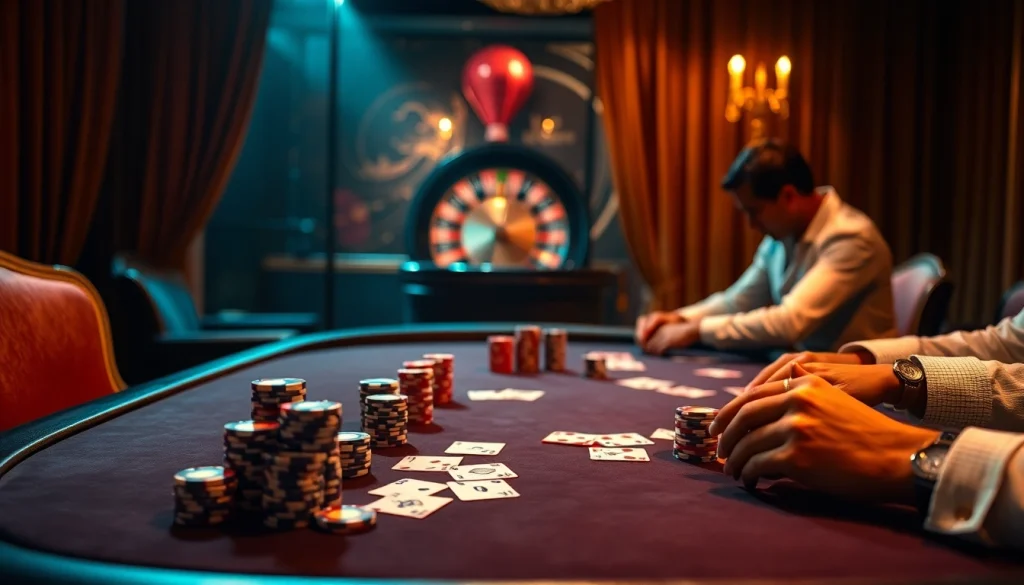 At trang chủ go99, engage in strategic poker plays amidst an elegant casino setup featuring chips and cards.
