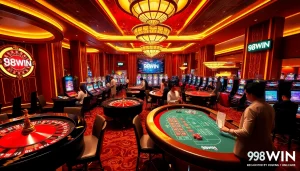 Exciting scene of gamblers enjoying games at 98WIN casino with roulette and slot machines.