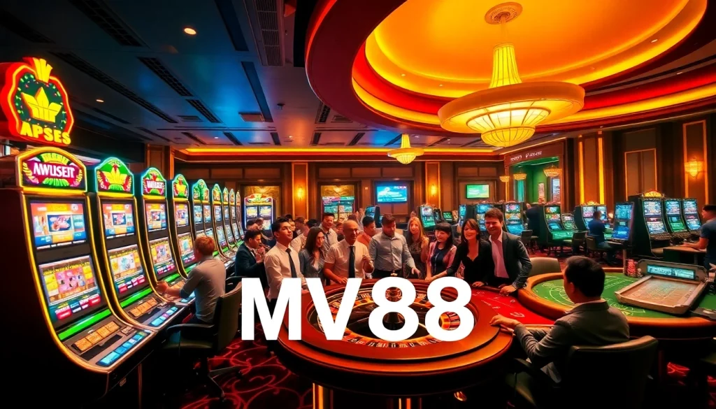 Excited gamblers enjoying a luxurious casino experience with MV88 theme, featuring vibrant slot machines and roulette tables.
