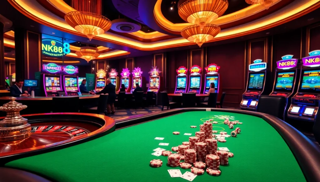 Engaged gamblers enjoy their experience at NK88's vibrant casino tables filled with excitement.