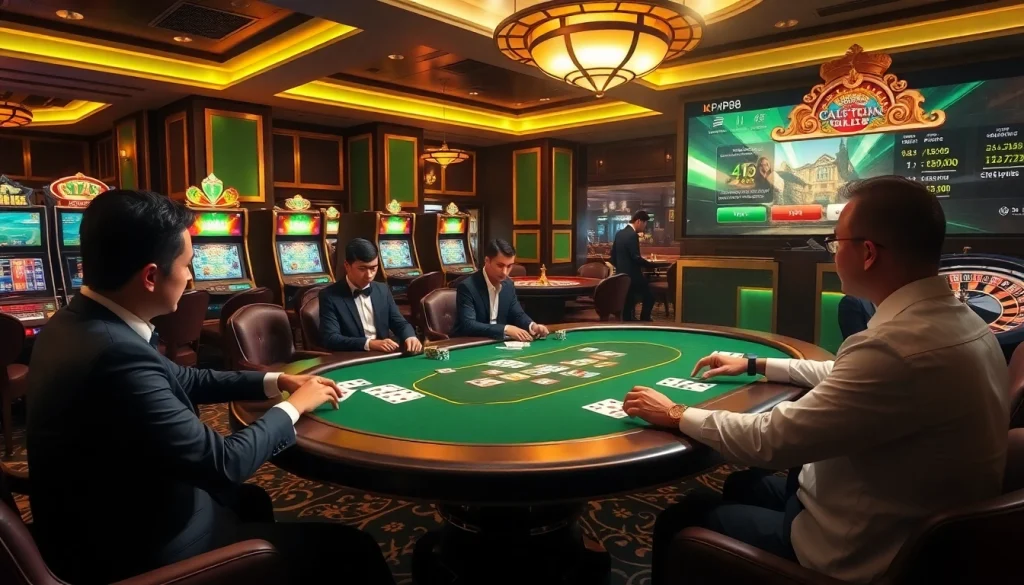 Engaged players at a KP88 poker table showcasing luxury and high-stakes excitement in a casino.