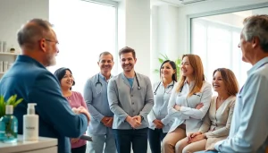 カミノクリニック 口コミ and satisfied patients engaging with medical staff in a welcoming clinic setting
