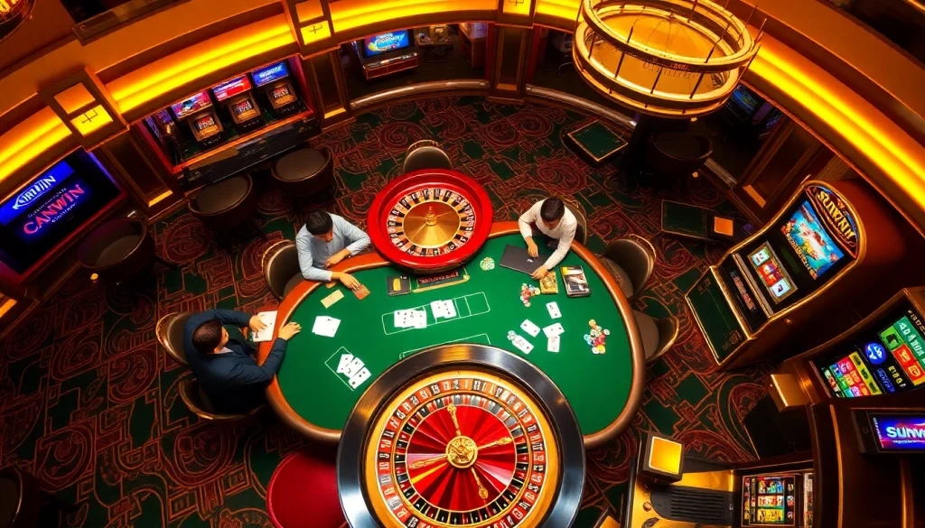 Enjoy a thrilling moment at a SUNWIN casino table with professional players and vibrant gaming elements.