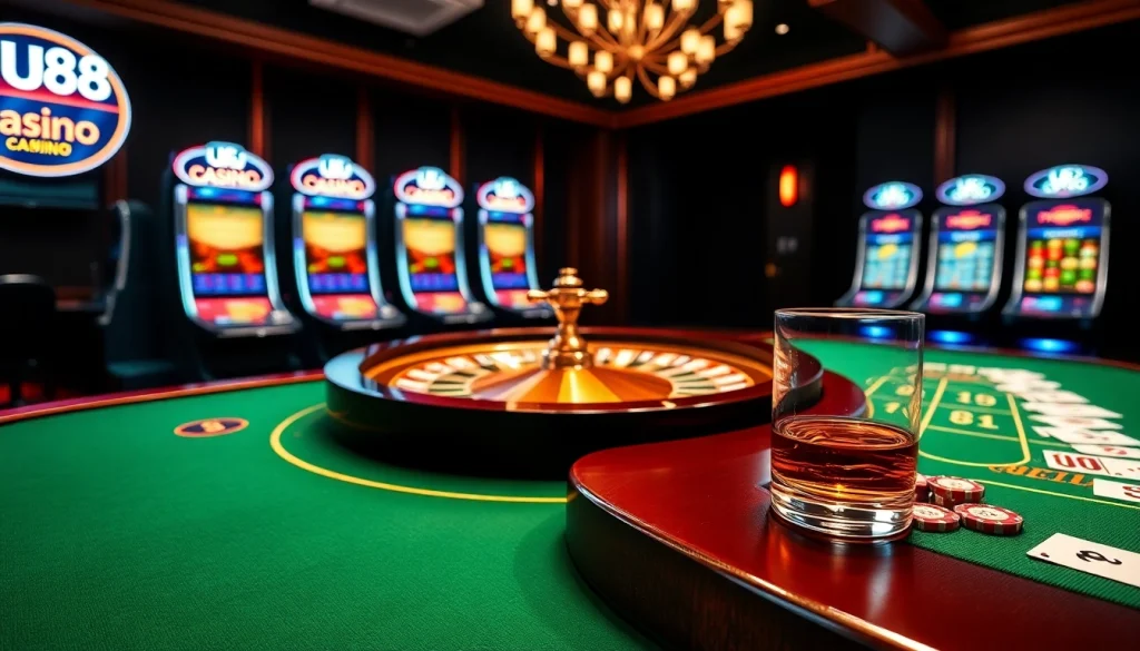 U888 online casino scene with roulette wheel and poker tables offering exciting gameplay.