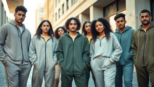 Essentials Tracksuit worn by diverse young adults in a vibrant urban scene, showcasing trendy fashion.