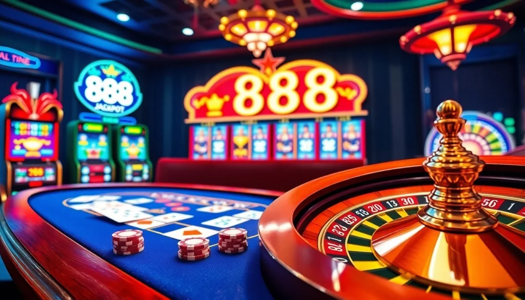 Engaging online gambling scene with viral88 login, featuring a poker table and vibrant slot machines.