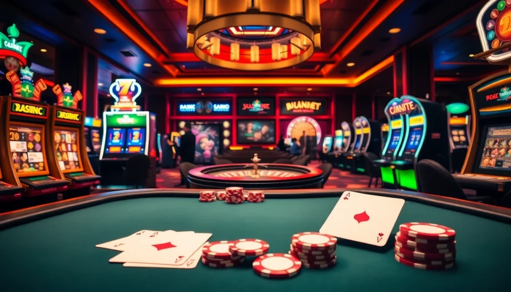 Luckywin casino scene with poker table, dazzling slot machines, and vibrant decor.