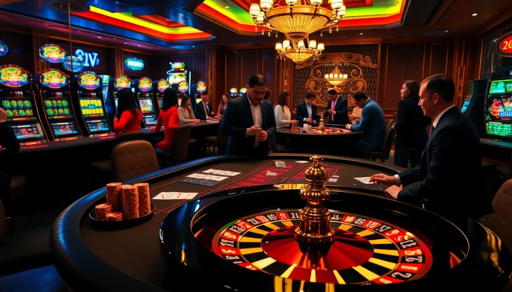 Experience the thrill of playing at 23win casino with a lively casino scene featuring poker chips and vibrant roulette wheels.