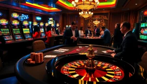 Experience the thrill of playing at 23win casino with a lively casino scene featuring poker chips and vibrant roulette wheels.