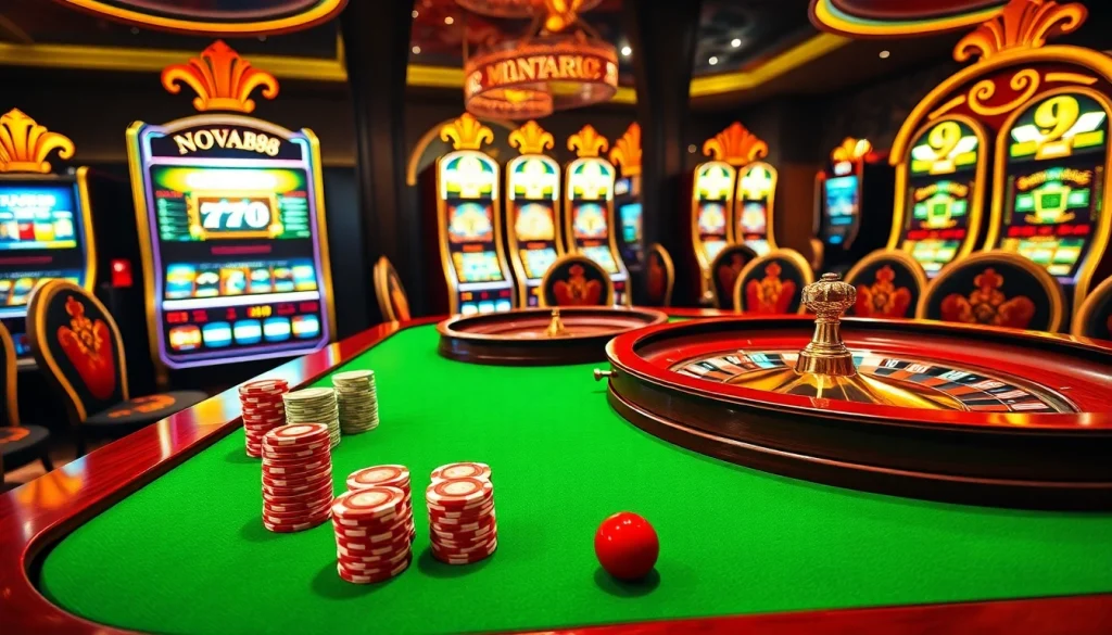 Nova88 gaming table with poker chips and roulette wheel, showcasing a luxurious casino experience.