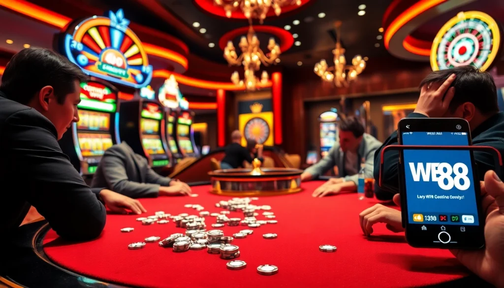 Experience thrilling poker action at WE88's upscale online casino, showcasing vibrant gaming and luxurious ambiance.