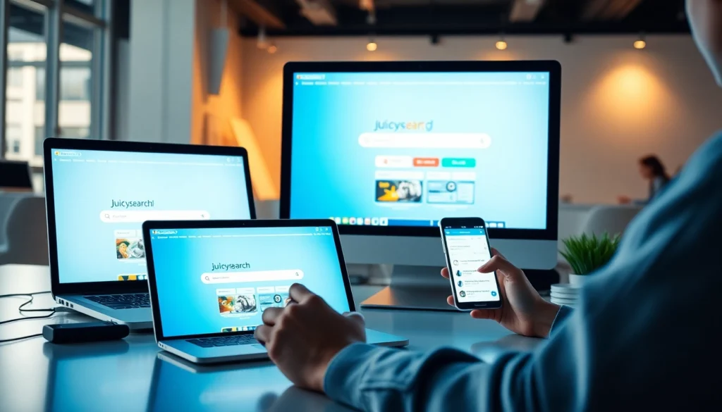 Explore juicysearch alternatives through multiple digital devices in a modern workspace.