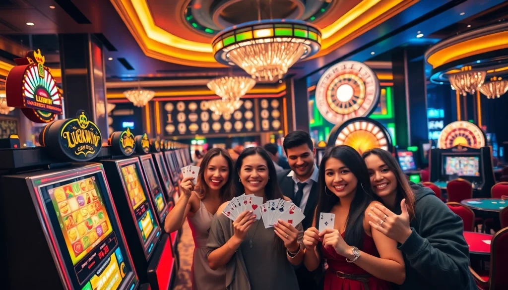 Excited players celebrate a win at LUCKYWIN slot machines in a vibrant casino atmosphere.