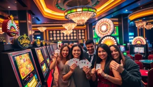 Excited players celebrate a win at LUCKYWIN slot machines in a vibrant casino atmosphere.