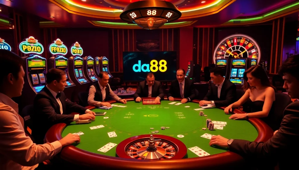 Experience high-stakes gameplay at da88's luxurious casino, featuring poker tables, vibrant slot machines, and excitement.