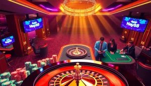 Engaging scene of online gambling featuring tải hay88 with poker chips, roulette wheel, and vibrant casino atmosphere.