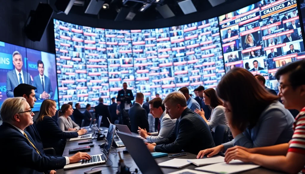 Capture journalists at https://www.thedailynewsonline.com reporting breaking news in a bustling newsroom.