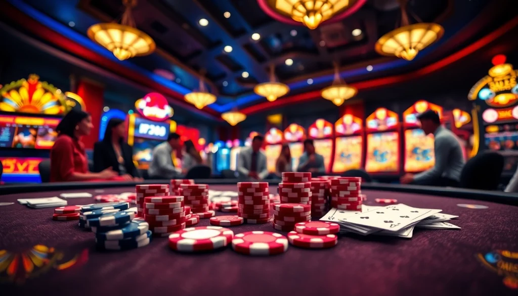 Engage with BJ388’s thrilling online gambling scene showcasing poker chips, dice, and interactive casino tables.