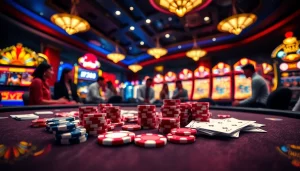 Engage with BJ388’s thrilling online gambling scene showcasing poker chips, dice, and interactive casino tables.