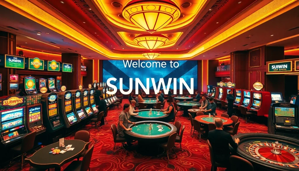 Gamblers enjoying their time at SUNWIN with vibrant slot machines and poker tables