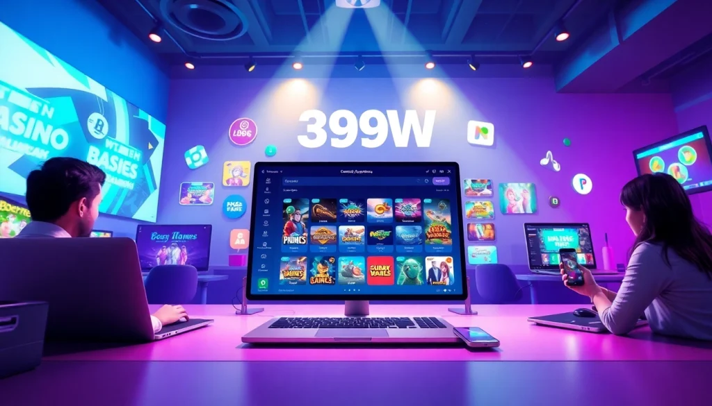 Engaging visual of 399W, showcasing an interactive online gaming experience with diverse devices and vibrant graphics.